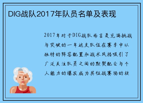 DIG战队2017年队员名单及表现