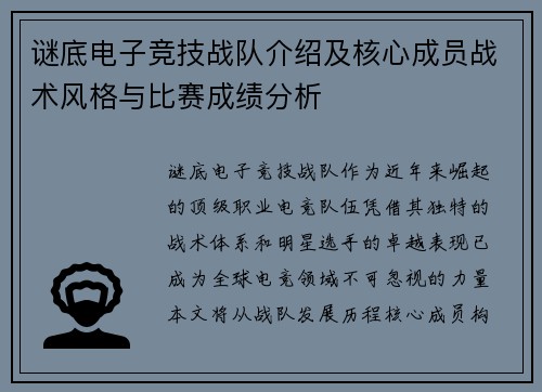 谜底电子竞技战队介绍及核心成员战术风格与比赛成绩分析