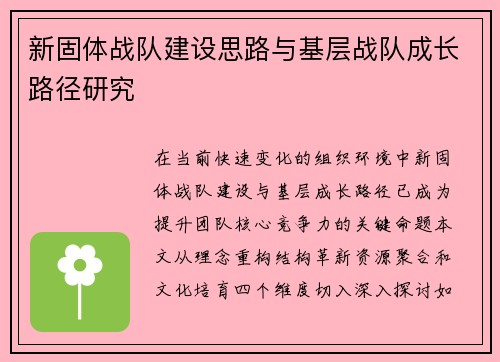 新固体战队建设思路与基层战队成长路径研究