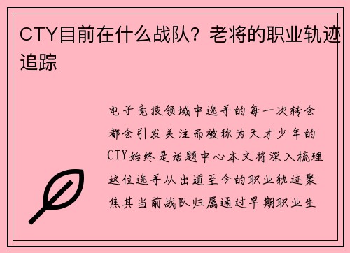 CTY目前在什么战队？老将的职业轨迹追踪